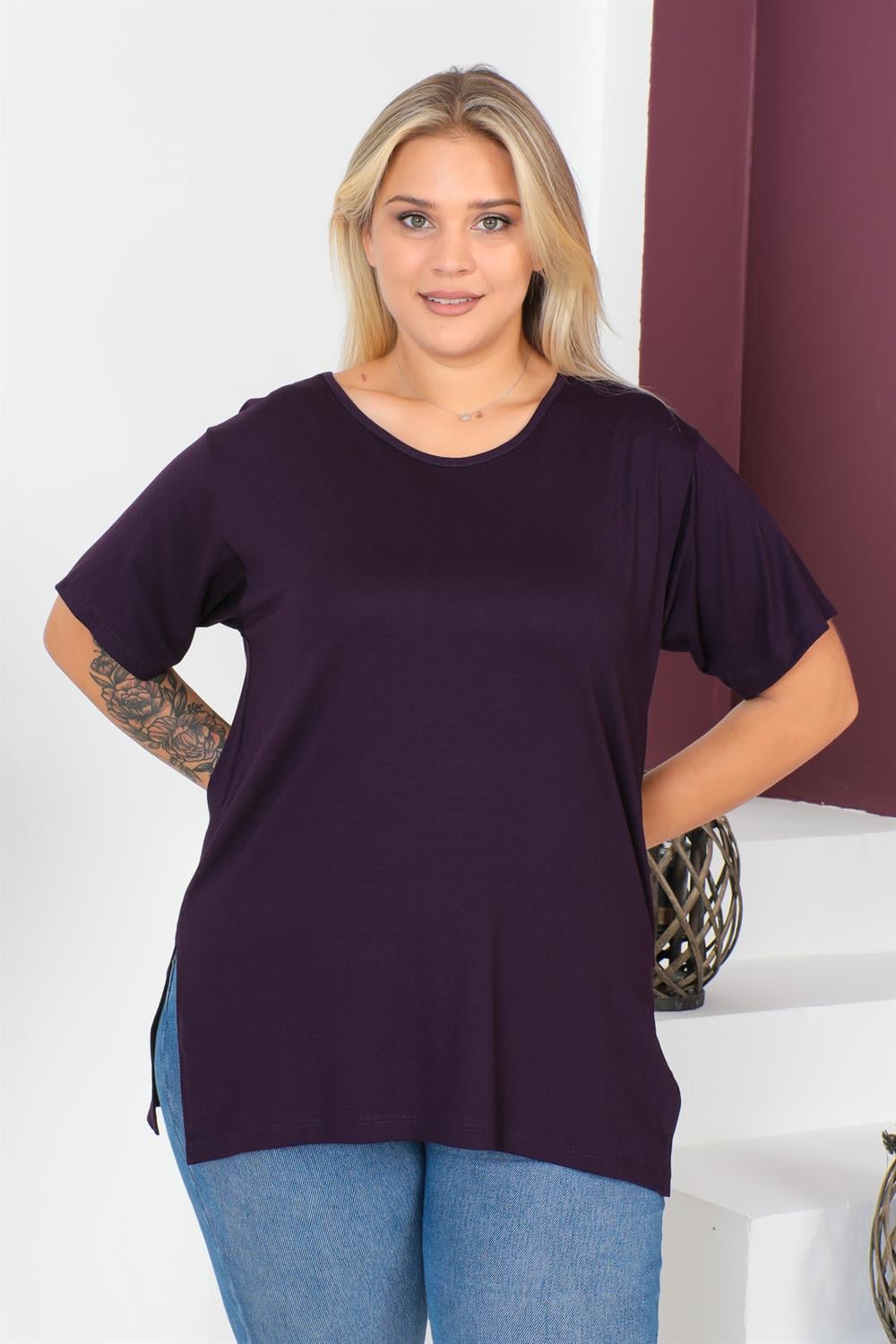 Mürdüm Büyük Beden Penye Bluz  T-Shirt