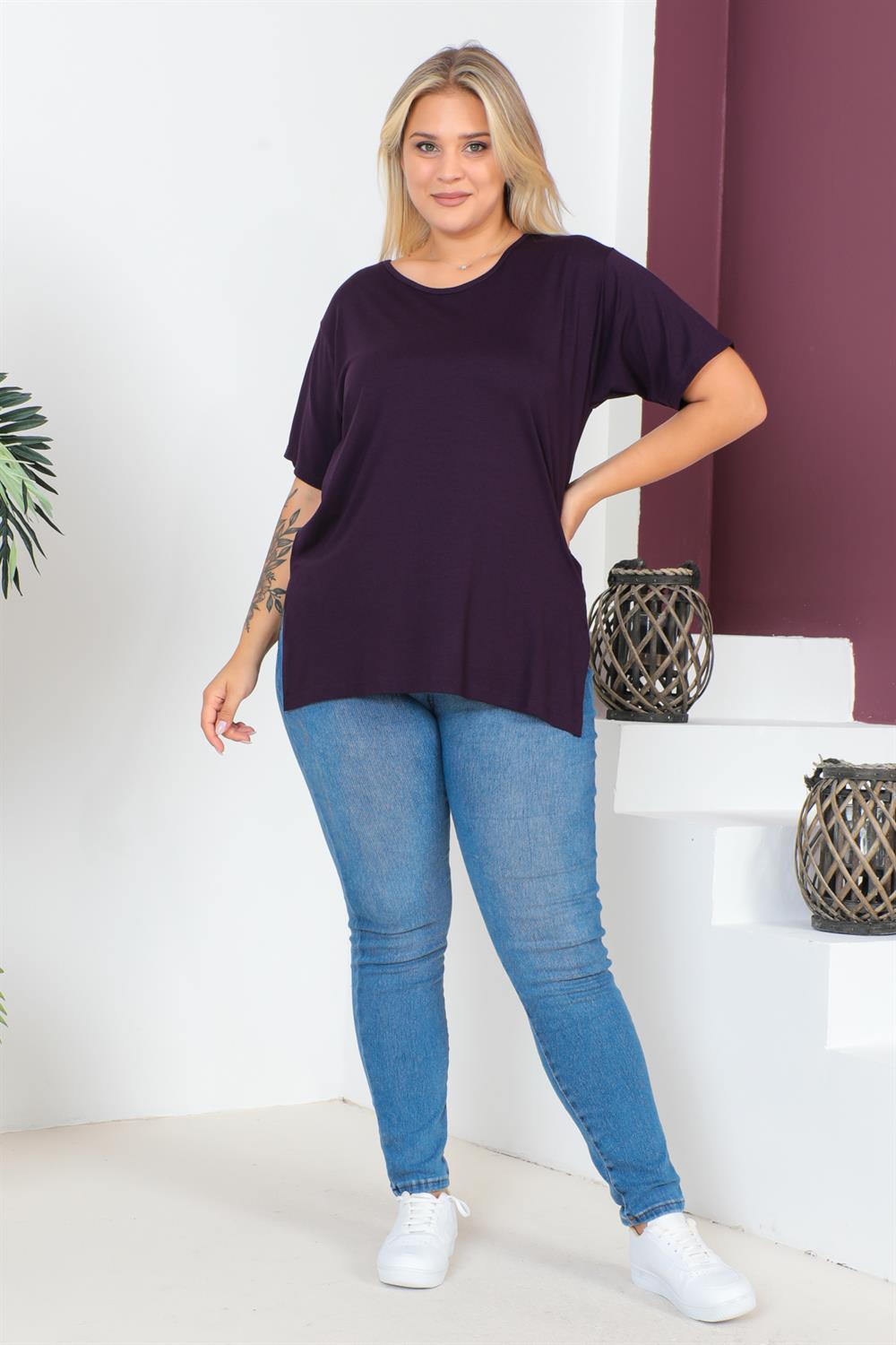 Mürdüm Büyük Beden Penye Bluz  T-Shirt