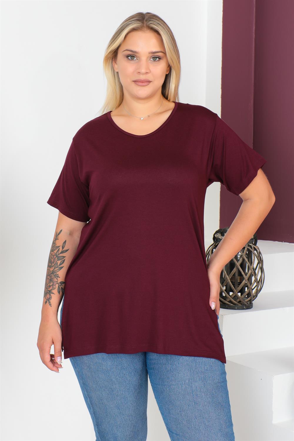 Bordo Büyük Beden Penye Bluz  T-Shirt