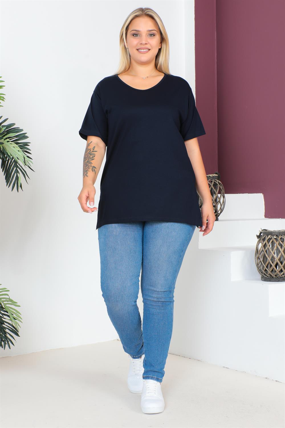 Lacivert Büyük Beden Penye Bluz  T-Shirt