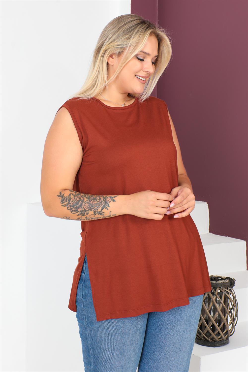 Tarçın Büyük Beden Penye Kolsuz Bluz T-shirt - İçlik