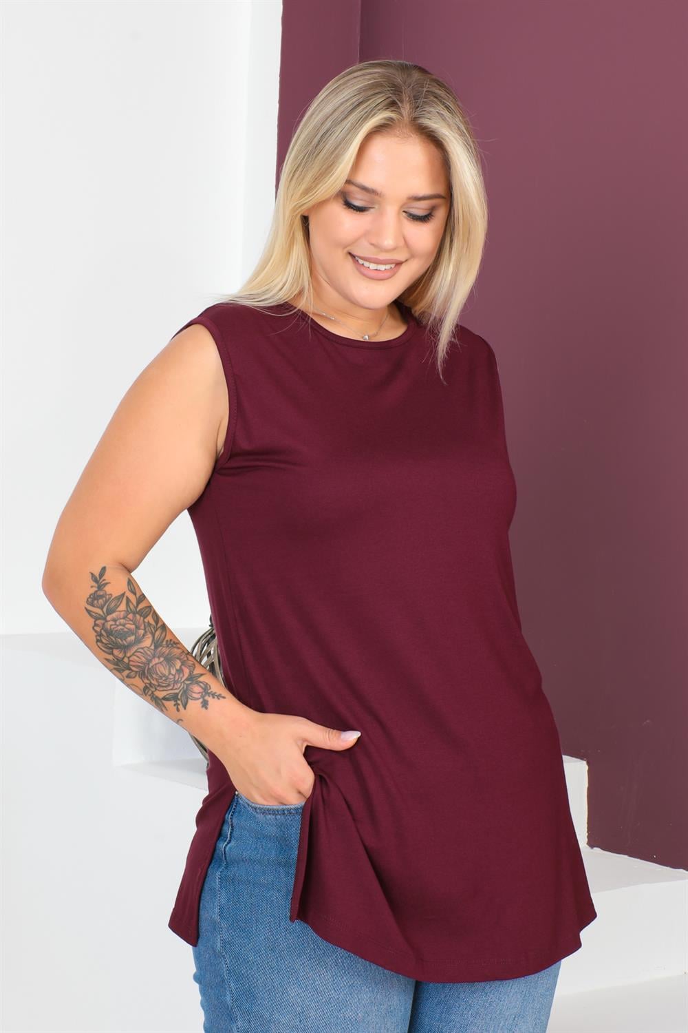 Bordo Büyük Beden Penye Kolsuz Bluz T-shirt - İçlik