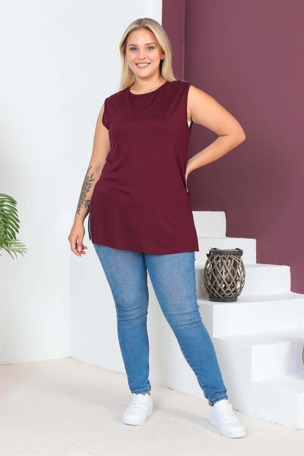 Bordo Büyük Beden Penye Kolsuz Bluz T-shirt - İçlik