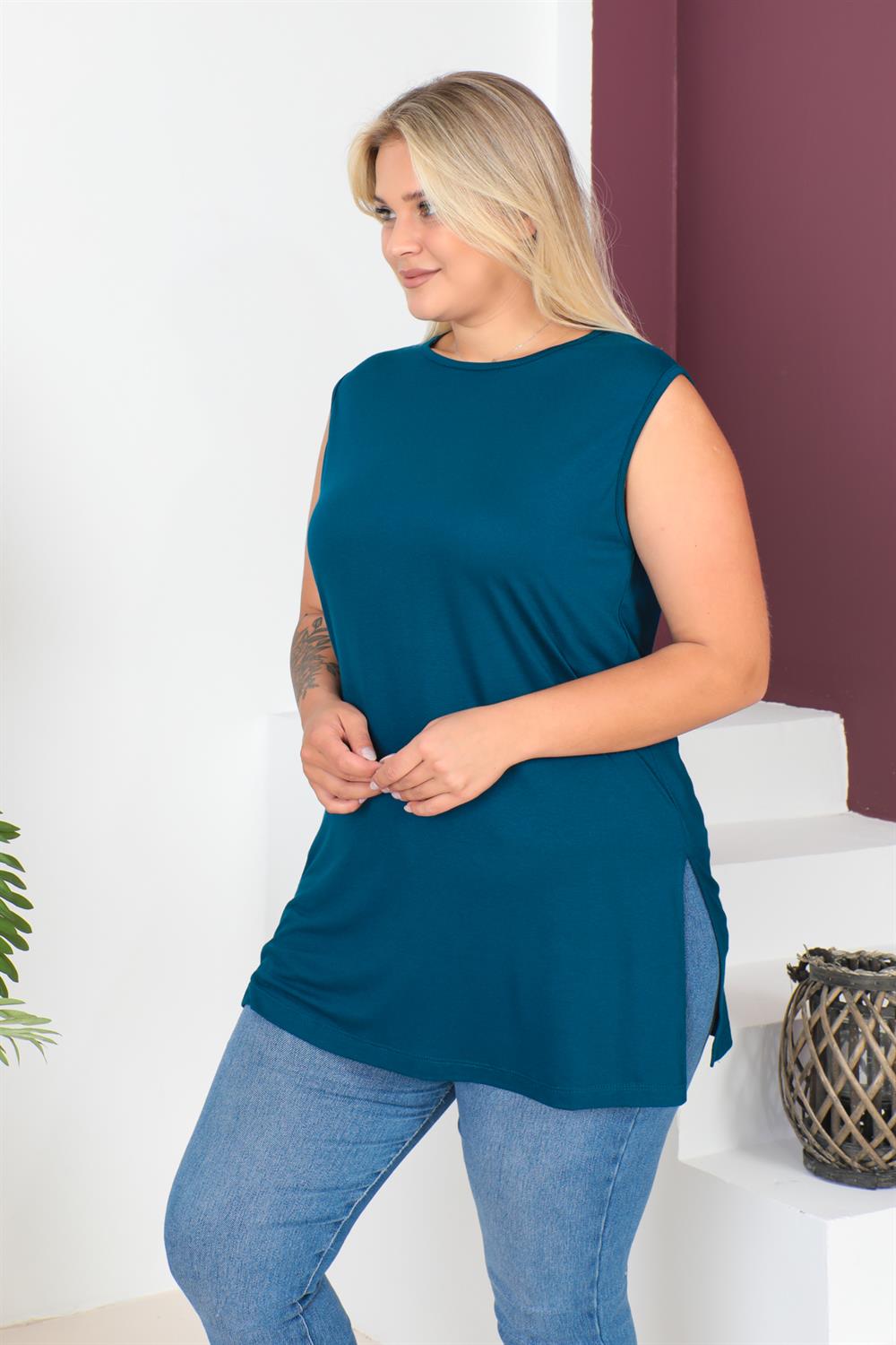 Petrol Büyük Beden Penye Kolsuz Bluz T-shirt - İçlik