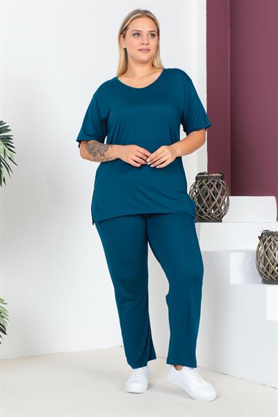 Petrol Büyük Beden Penye Bluz Takım