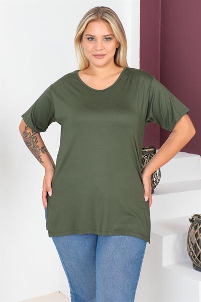 Haki Büyük Beden Penye Bluz  T-Shirt