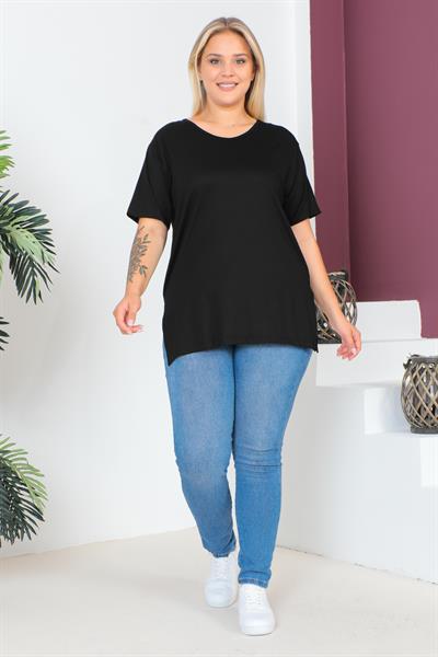Siyah Büyük Beden Penye Bluz  T-Shirt