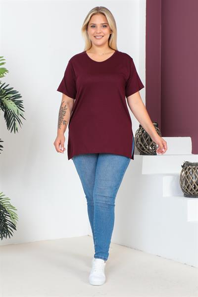 Bordo Büyük Beden Penye Bluz  T-Shirt