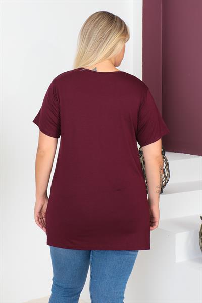 Bordo Büyük Beden Penye Bluz  T-Shirt