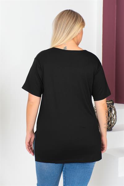 Siyah Büyük Beden Penye Bluz  T-Shirt