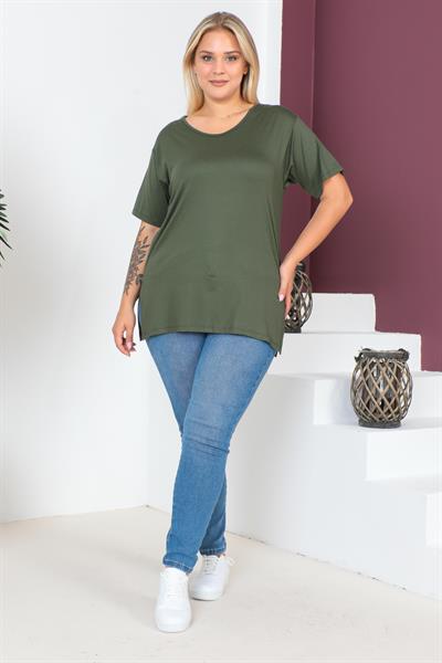 Haki Büyük Beden Penye Bluz  T-Shirt