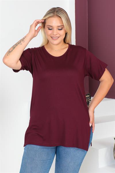 Bordo Büyük Beden Penye Bluz  T-Shirt