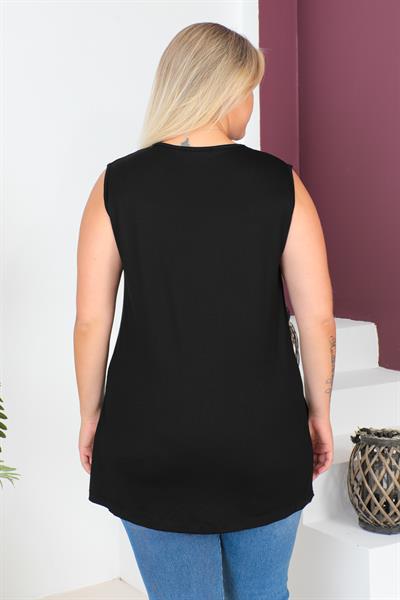 Siyah Büyük Beden Penye Kolsuz Bluz T-shirt - İçlik