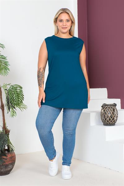 Petrol Büyük Beden Penye Kolsuz Bluz T-shirt - İçlik