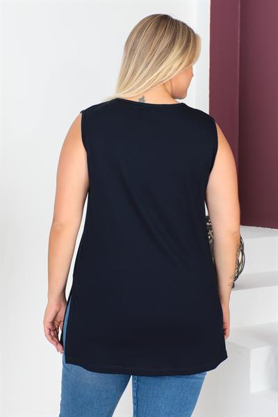 Lacivert Büyük Beden Penye Kolsuz Bluz T-shirt - İçlik