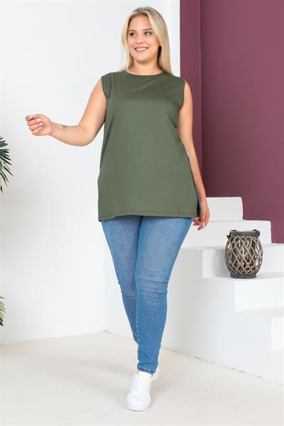 Haki Büyük Beden Penye Kolsuz Bluz T-shirt - İçlik