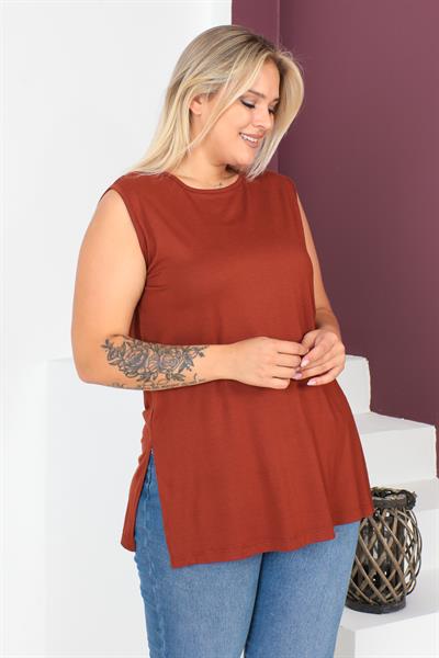 Tarçın Büyük Beden Penye Kolsuz Bluz T-shirt - İçlik