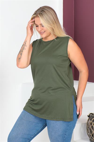 Haki Büyük Beden Penye Kolsuz Bluz T-shirt - İçlik