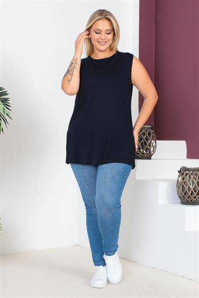 Lacivert Büyük Beden Penye Kolsuz Bluz T-shirt - İçlik