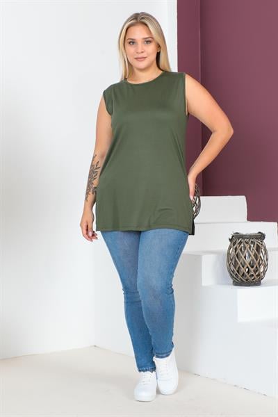 Haki Büyük Beden Penye Kolsuz Bluz T-shirt - İçlik