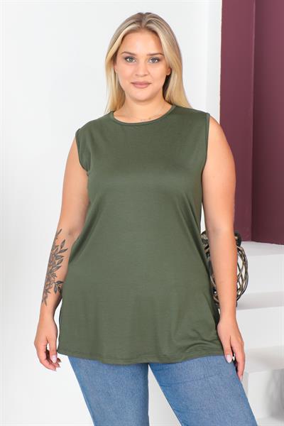 Haki Büyük Beden Penye Kolsuz Bluz T-shirt - İçlik
