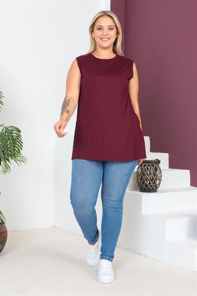 Bordo Büyük Beden Penye Kolsuz Bluz T-shirt - İçlik
