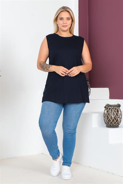 Lacivert Büyük Beden Penye Kolsuz Bluz T-shirt - İçlik