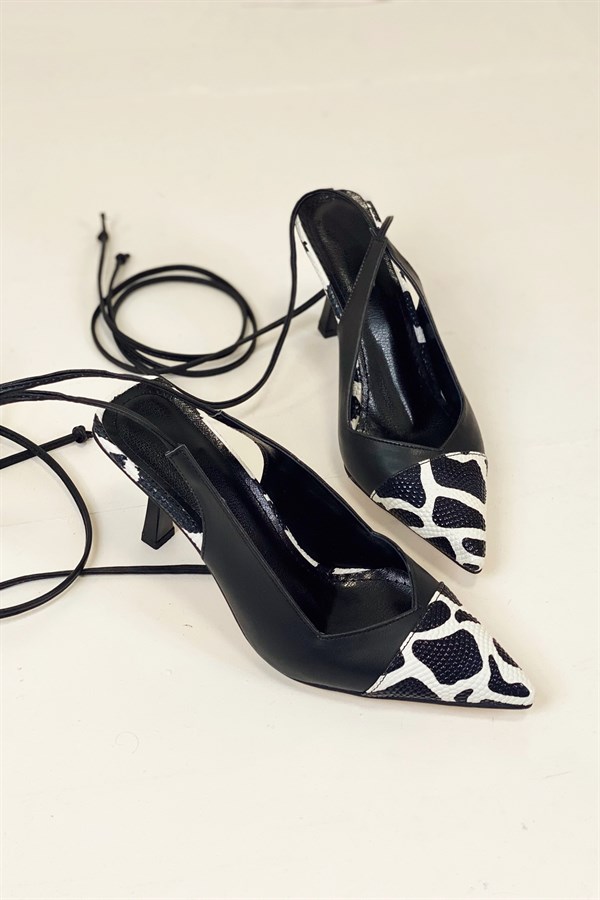 Riez Siyah Cilt Dalmaçya Desen Bağlamalı Topuklu Ayakkabı