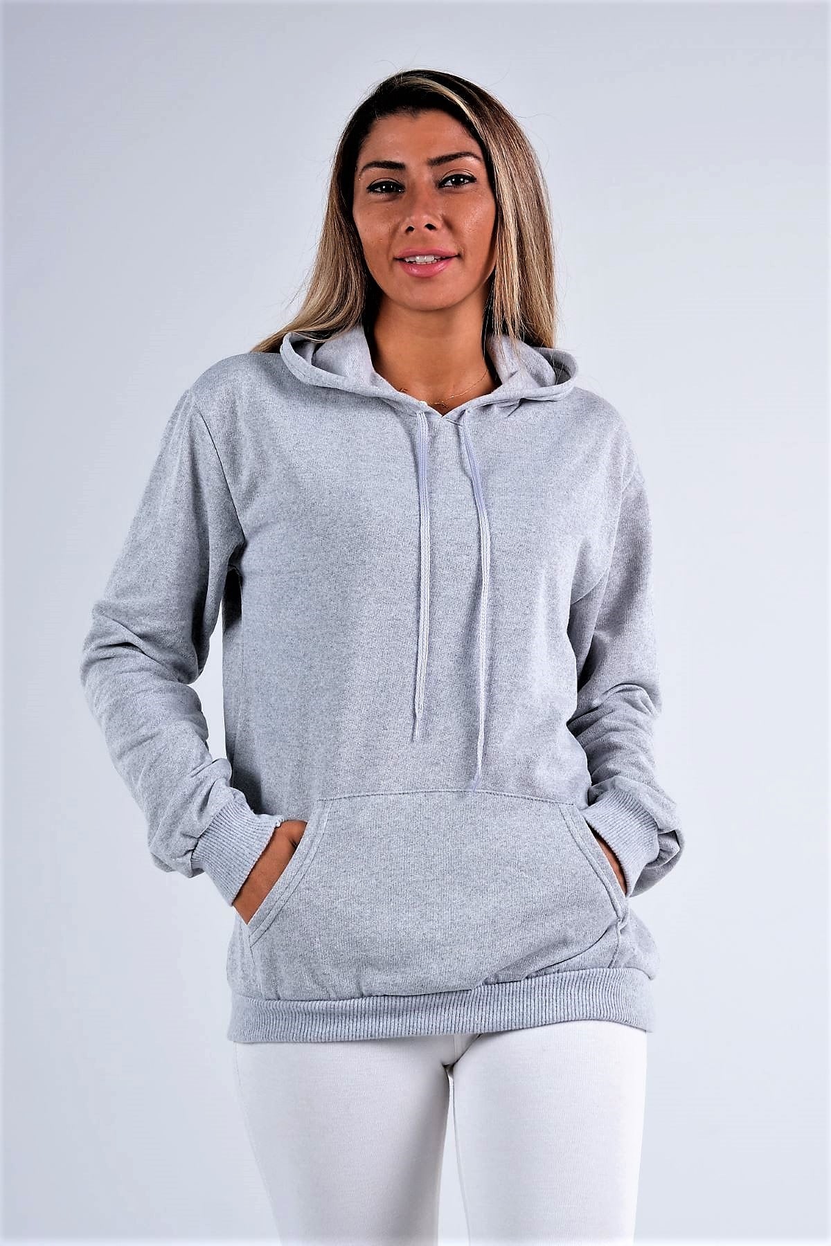 Gri Kapüşonlu Kanguru Cepli Şardonlu Sweatshirt