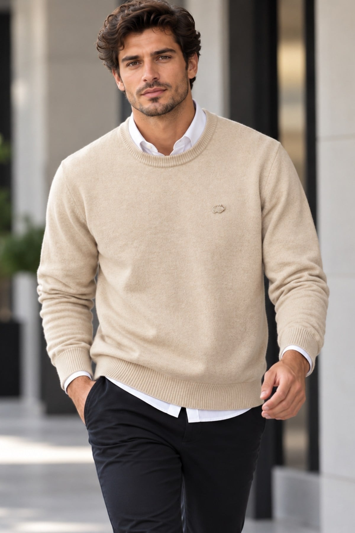 Krem Bisiklet Yaka Regular Fit Kaşmir Erkek Kazak