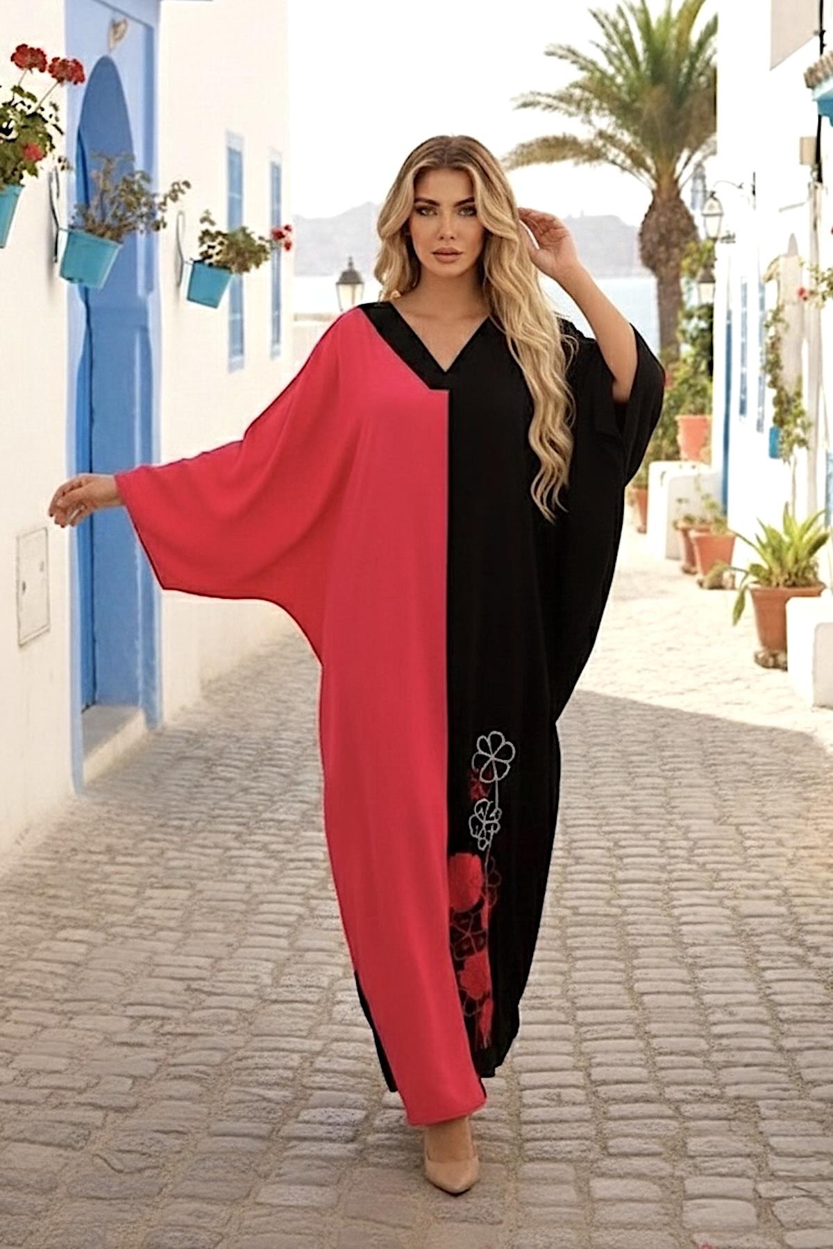 Pembe Siyah Garnili V Yaka Eteği Nakışlı Cepli Oversize Uzun Elbise