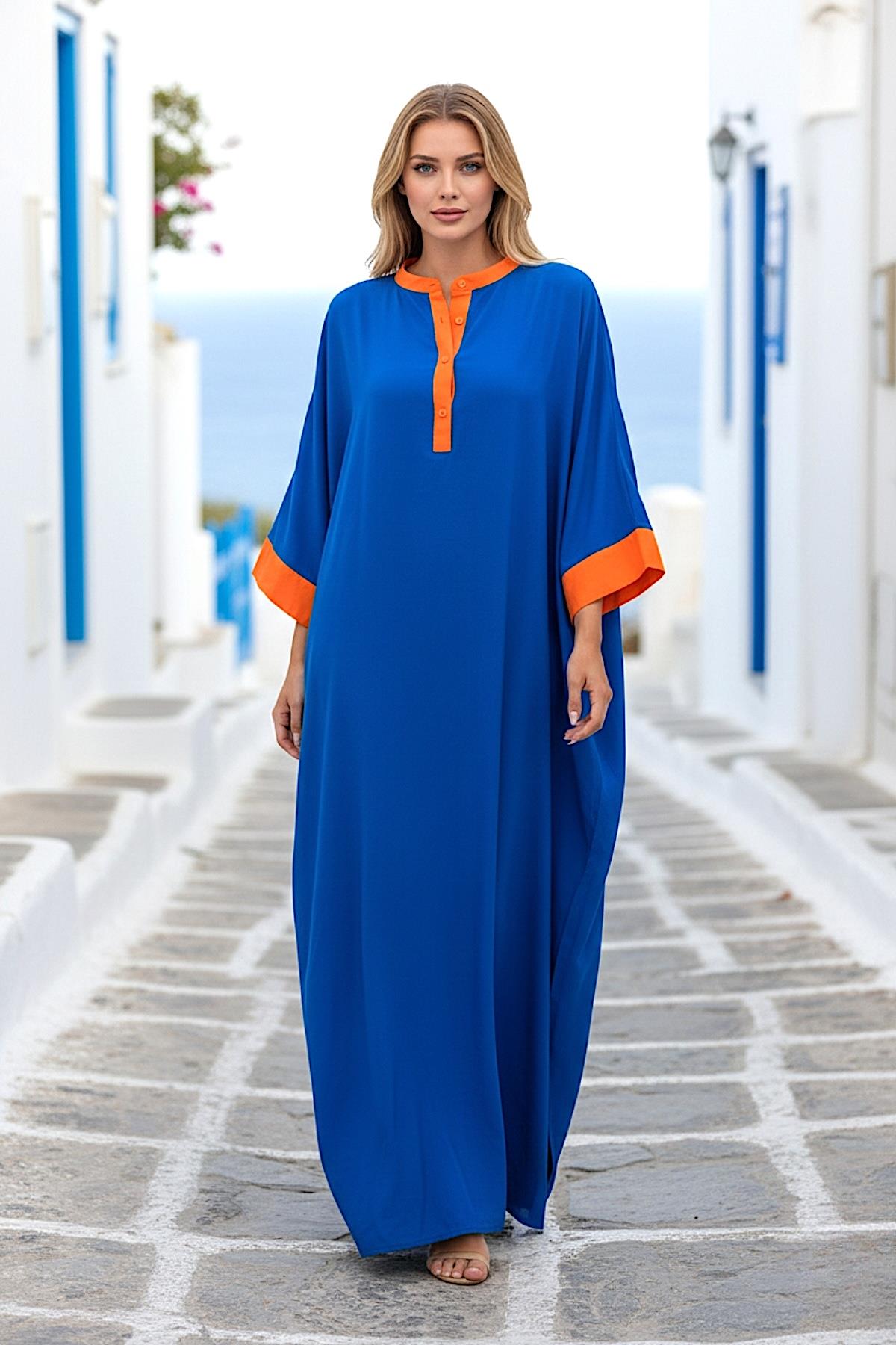 Saks Mavi Sırtı Palmiye Nakışlı Yarasa Kol Oversize Uzun Elbise