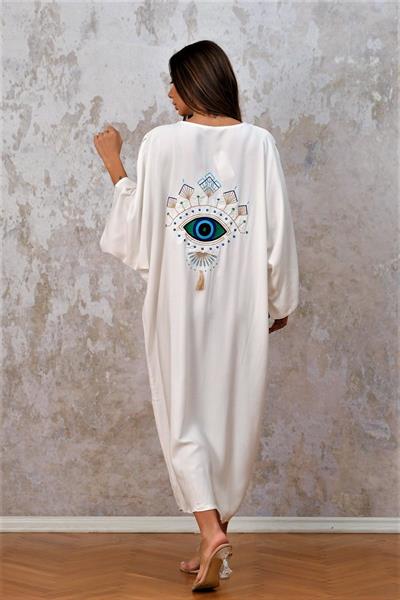 Beyaz V Yaka Omuzu Pencereli Düğmeli Cepli Sırtı Göz Nakışlı Oversize Elbise