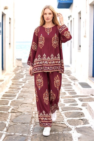 Bordo Otantik Desenli Pantolon Bluz Takım