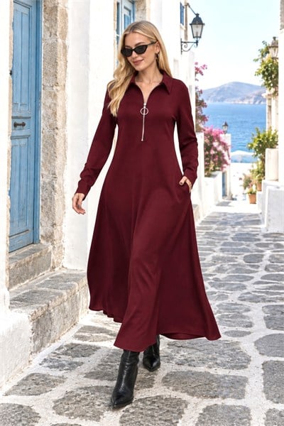 Bordo Yaka Farmuarlı Modal Uzun Elbise