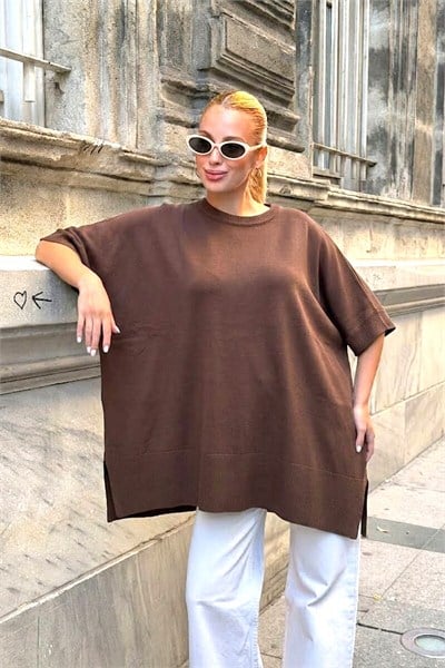 Kahverengi Oversize Triko Bluz