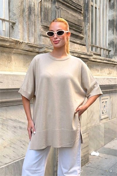 Krem Rengi Oversize Triko Bluz