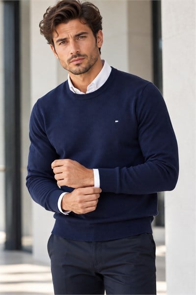 Lacivert Bisiklet Yaka Regular Fit Erkek Kazak