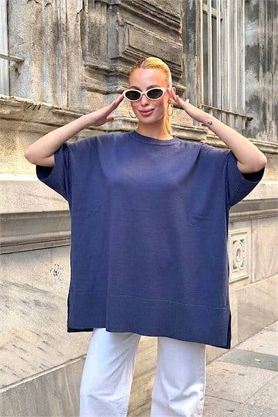 Lacivert Oversize Triko Bluz