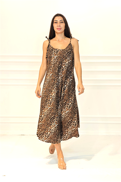 Leopar Desenli Askılı Uzun Elbise