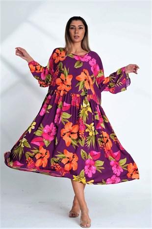 Mor Sıfır Yaka Çiçekli Oversize Midi Elbise