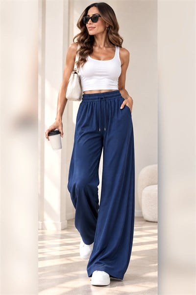 Saks Mavi Beli Lastikli Palazzo Pantolon