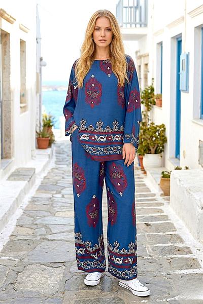 Saks Mavi Otantik Desenli Pantolon Bluz Takım
