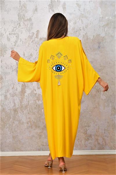 Sarı V Yaka Omuzu Pencereli Düğmeli Cepli Sırtı Göz Nakışlı Oversize Elbise