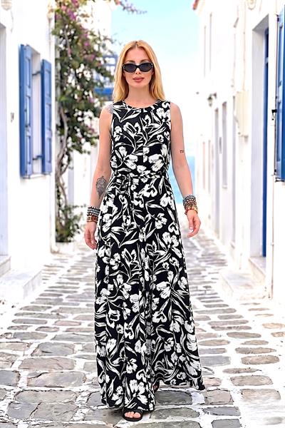 Siyah Beyaz Çiçekli Tulum