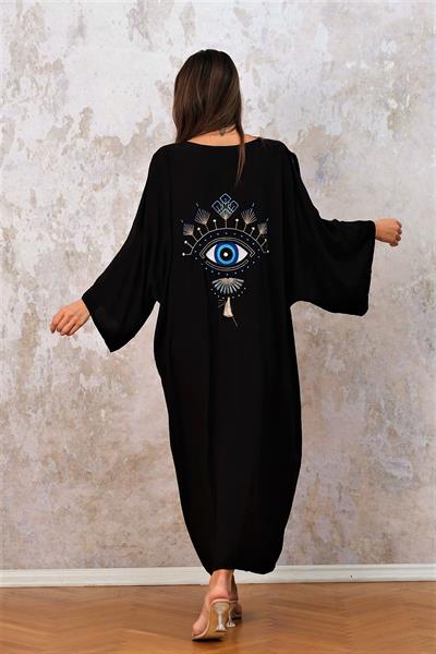 Siyah V Yaka Omuzu Pencereli Düğmeli Cepli Sırtı Göz Nakışlı Oversize Elbise