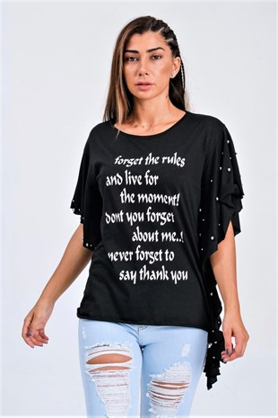 Siyah Yarasa Kollu Yazılı Zımba Detaylı Bağlamalı T-Shirt