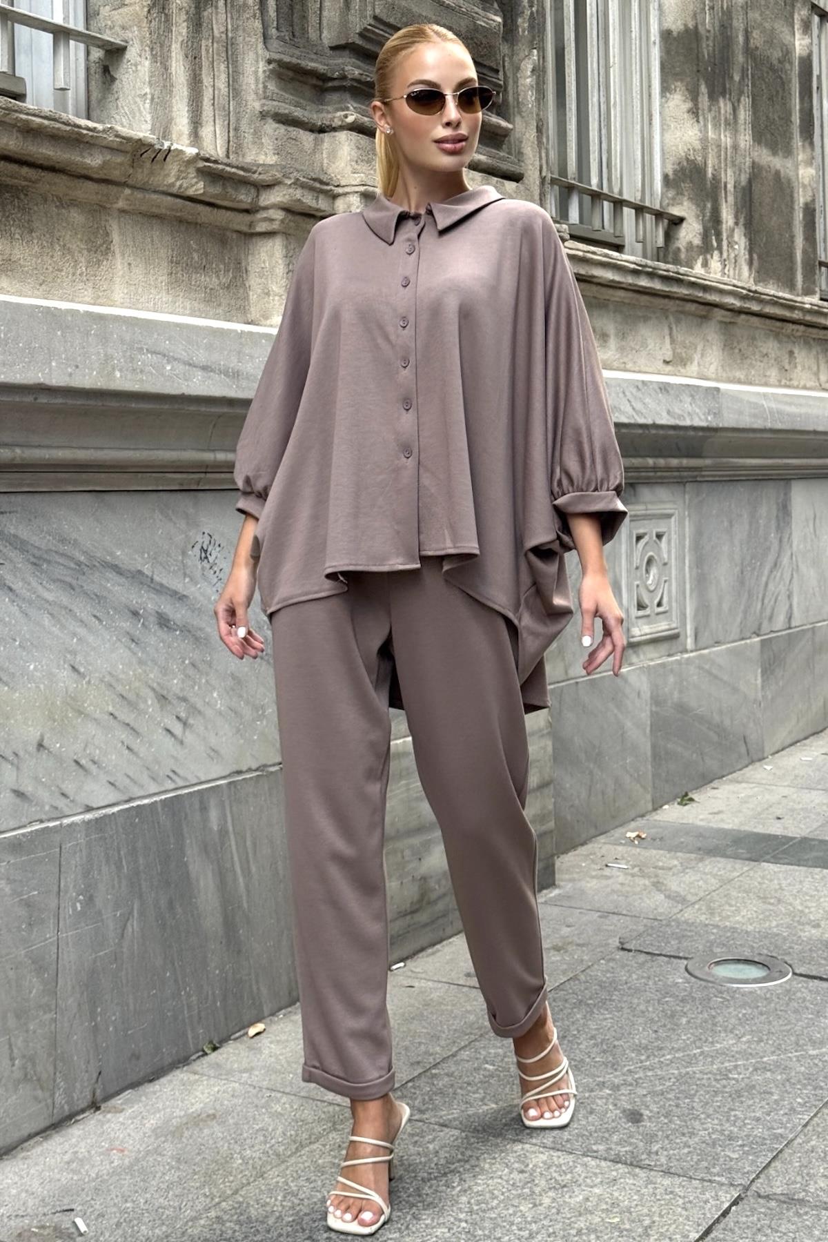 Bej Gömlek Yaka Beli Lastikli Oysho Kumaş İkili Takım