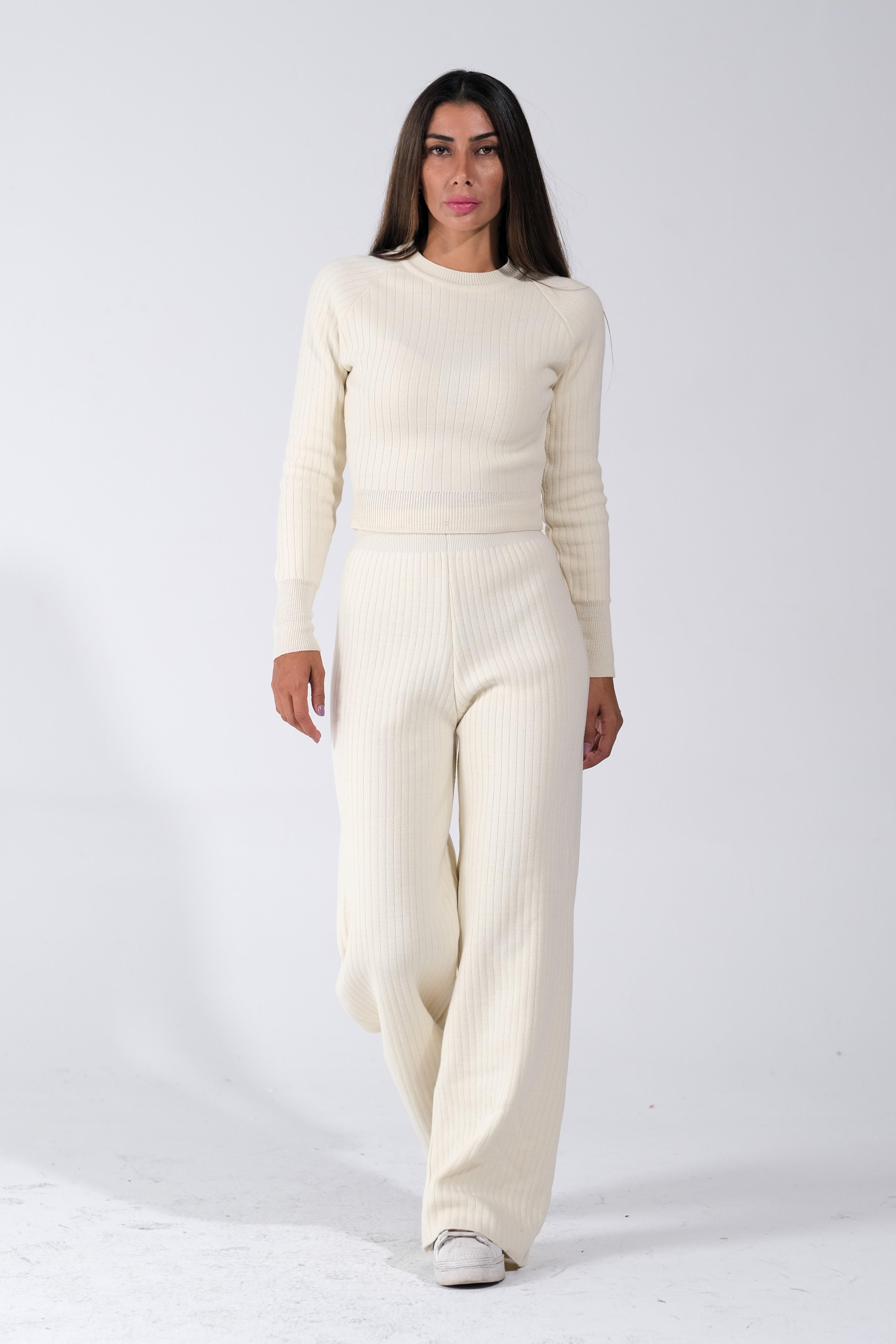 Beyaz Bisiklet Yaka Tunik Pantolon İkili Triko Alt Üst Takım