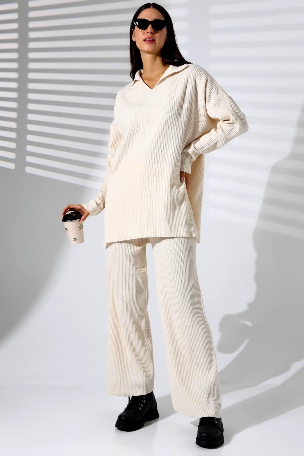 Beyaz V Yaka Fitilli Tunik Pantolon Triko Alt Üst Takım